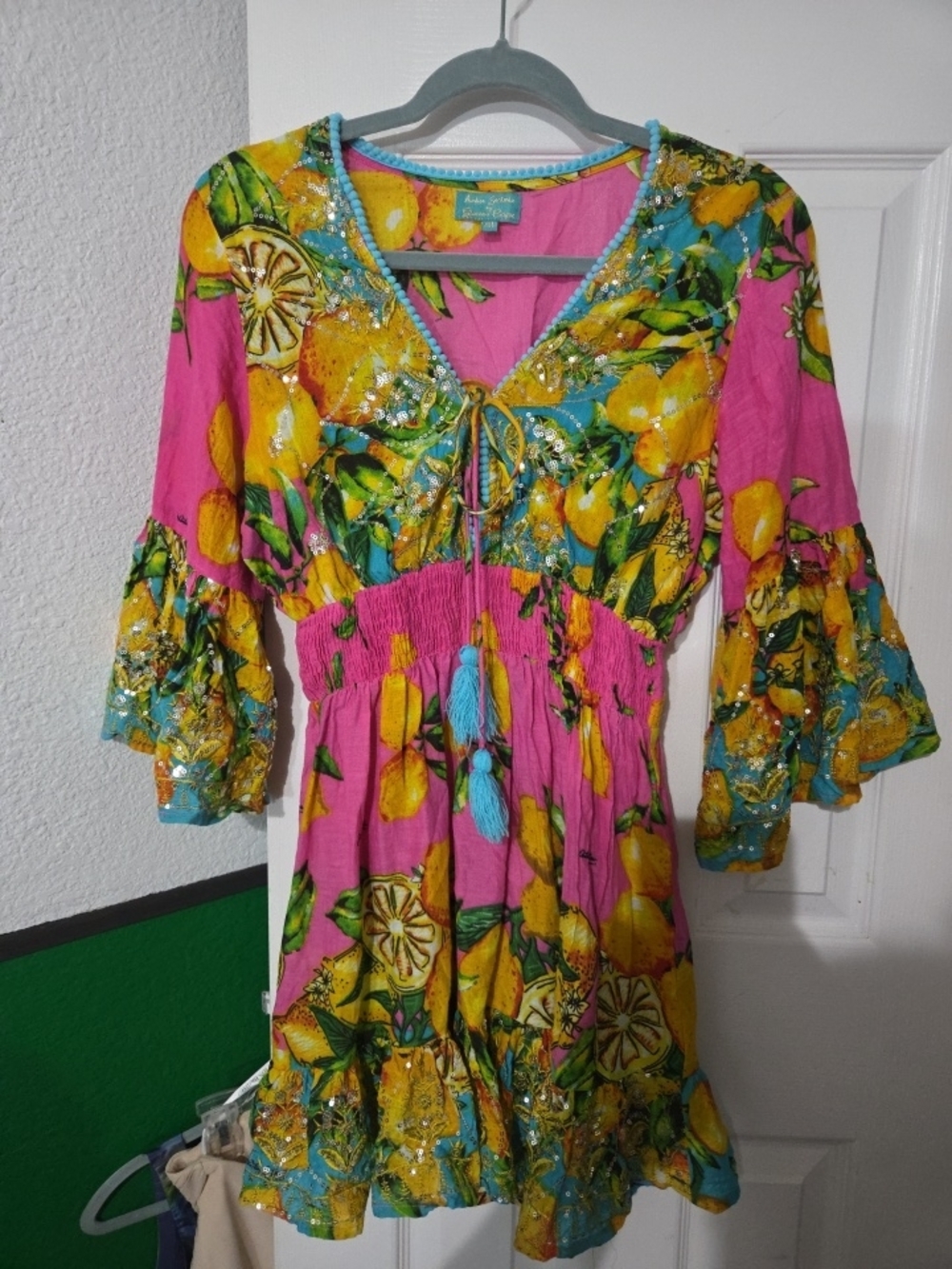 Giacomo Cinque Sequin Vibrant Pink Lemon-Print Mini Dress with Tassel Tie - Picture 2 of 12
